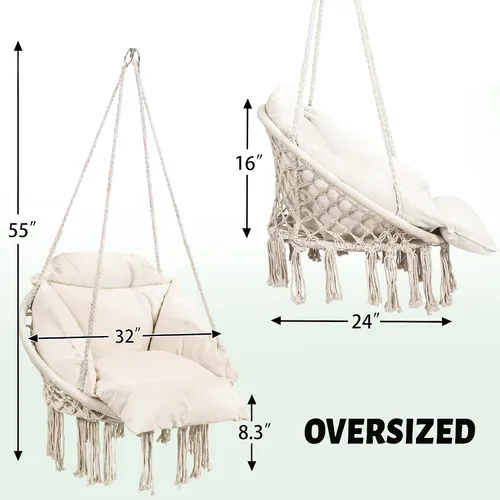 Miniatura 6 de KROFEM Hamaca Silla Colgante Oscilante de Macramé con Cojín de Gran Tamaño, Perfecta para Dormitorio, Porche, Niños, Adultos, Balcón, Beige