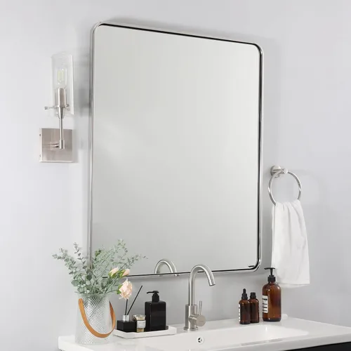 Miniatura 3 de ANDY STAR - Espejo de baño cromado, espejo rectangular redondeado de 30x36 pulgadas con marco de metal plateado pulido, espejo de tocador de baño