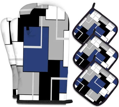 Miniatura 14 de MCALK Juego de 5 piezas de manoplas de horno geométricas grises y agarraderas, guantes de horno grises y almohadillas térmicas para cocinar