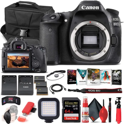 Canon Cámara DSLR EOS 80D (solo cuerpo) (1263C004) + tarjeta de memoria de 64 GB + funda + software de foto Corel + 2 baterías LPE6 + cargador