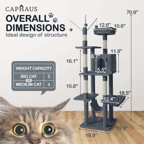 Miniatura 2 de CAPHAUS Árbol alto para gatos de interior, moderna y bonita torre de juego de escalada de 70 pulgadas con perca superior, gatos grandes, actividad