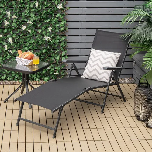 Miniatura 2 de Giantex Sillón de patio plegable, tumbona para tomar el sol al aire libre con respaldo de 5 posiciones, reposapiés de 2 posiciones, marco de acero