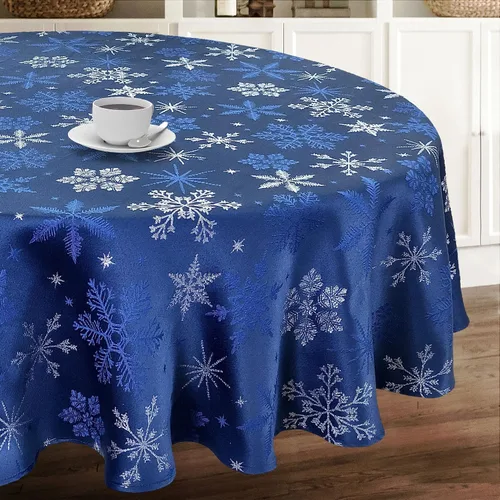 Miniatura 12 de Camino de mesa tejido jacquard metálico con copos de nieve azul navideño (corredor de 14" x 72")