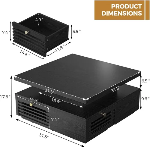 Miniatura 2 de Mesa de café IRONCK con luz LED y estación de carga, 4 cajones de almacenamiento con diseño de rejilla, mesa de café cuadrada para sala de estar