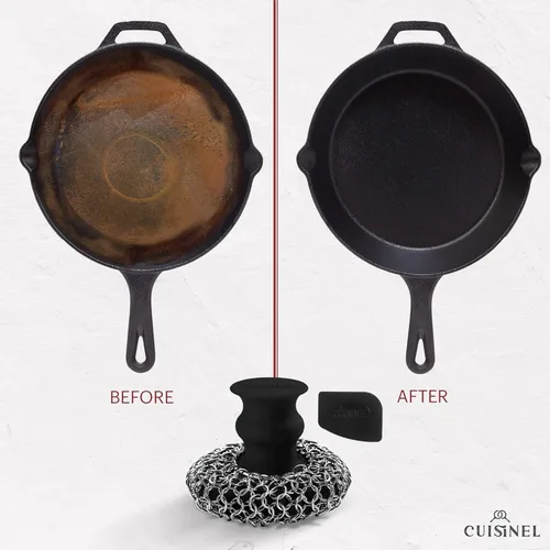 Miniatura 2 de Cuisinel Limpiador de Malla de Hierro Fundido + Raspador de Sartén - Limpiador Ergonómico de Lujo de Acero Inoxidable y Silicona para Ollas y Malla
