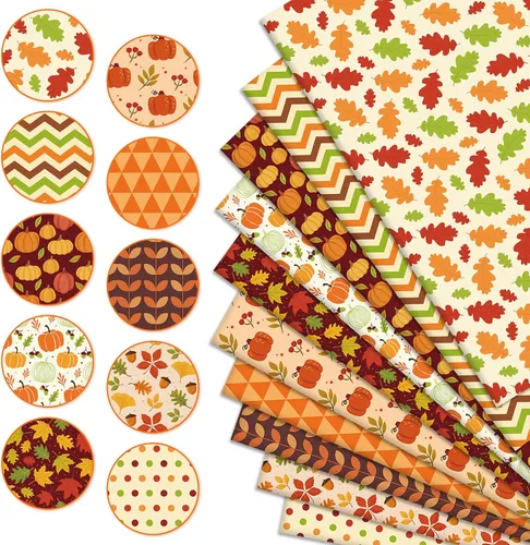 Miniatura 3 de Whaline Paquete de 10 piezas de tela de algodón de otoño, hojas de calabaza, cuadrados de tela de Acción de Gracias, telas de costura