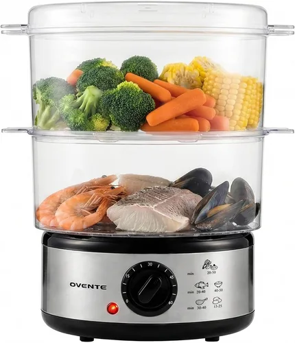 OVENTE Vaporizador eléctrico de alimentos de 2 niveles, olla de vapor apilable de acero inoxidable de 5 cuartos de galón con potencia de 400 W,