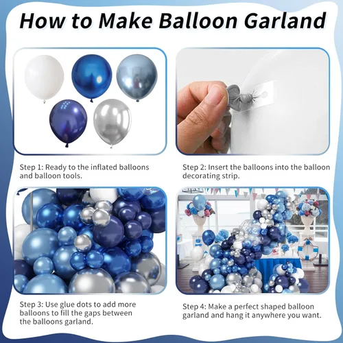 Miniatura 7 de Kit de Arco de Globos Azul Blanco Plateado, Guirnalda de Globos Azul Marino Plateado Blanco con Globos Metálicos Azul Oscuro Azul Claro Plateados