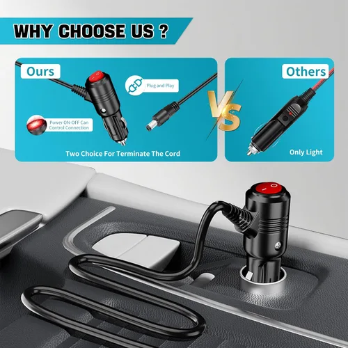 Miniatura 5 de Enchufe de encendedor de cigarrillos de 12 V con encendido y apagado, conector adaptador de enchufe macho resistente de 12 voltios de 15 A, 6 pies