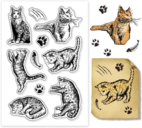 PH PandaHall Sellos transparentes con forma de gato, sellos de silicona dinámicos con sentido de línea, sellos de goma transparente para hacer