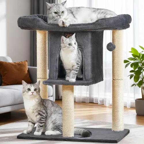 Miniatura 12 de Poste rascador de torre para gatos grandes de interior, árbol pequeño para gatos con cama grande, casa de árboles de 28 pulgadas de alto con cueva