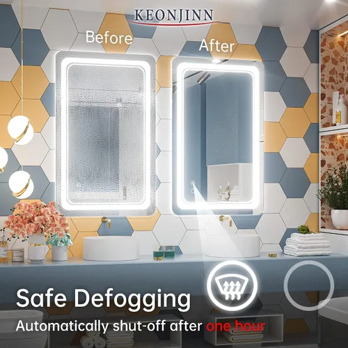 Miniatura 3 de Keonjinn Espejo de baño LED de 40 x 24 pulgadas, espejos con luces, espejo de tocador iluminado, luces regulables antivaho montadas en la pared