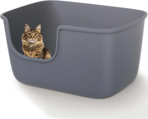 Vealind Caja de arena grande para gatos de interior, caja de arena de entrada alta y baja de 22.2 x 14.9 x 12 pulgadas, cajas de arena altas con Gris