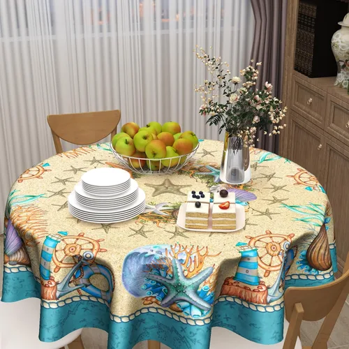 Miniatura 6 de Giwawa Mantel redondo de playa de verano de 60 pulgadas, corona costera de conchas con temática marina, tela impermeable, cubierta de mantel
