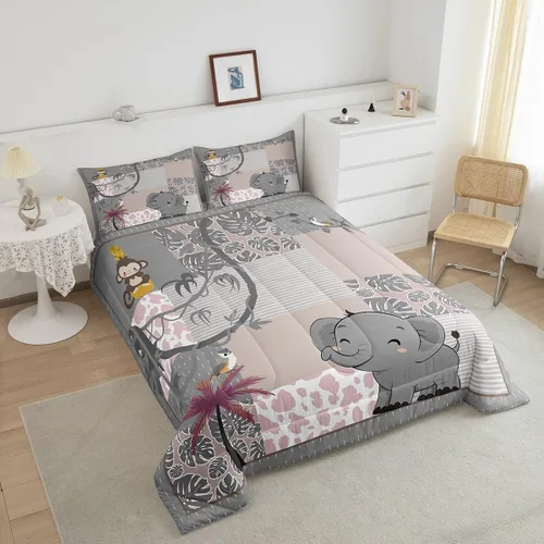 Miniatura 4 de Lindo Juego de Edredón de Elefante Juego de Ropa de Cama de Animales de Dibujos Animados para Niños Niñas Mujeres Adultos Edredón de Hojas