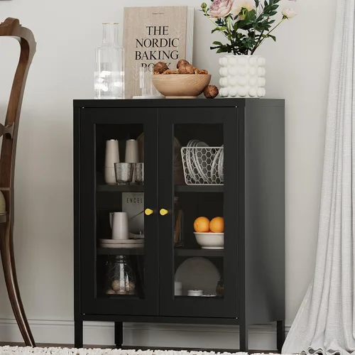 Gabinete de Almacenamiento de Metal para Baño, Gabinete Aparador Negro con Puertas de Vidrio y Estantes Ajustables, Pequeños Gabinetes de Metal para
