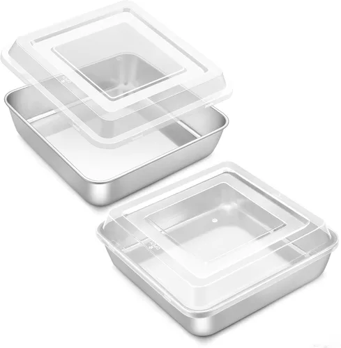 Miniatura 10 de Onader Bandeja cuadrada para hornear pasteles de 8 x 8 pulgadas con tapa, bandeja de lasaña de brownie de acero inoxidable