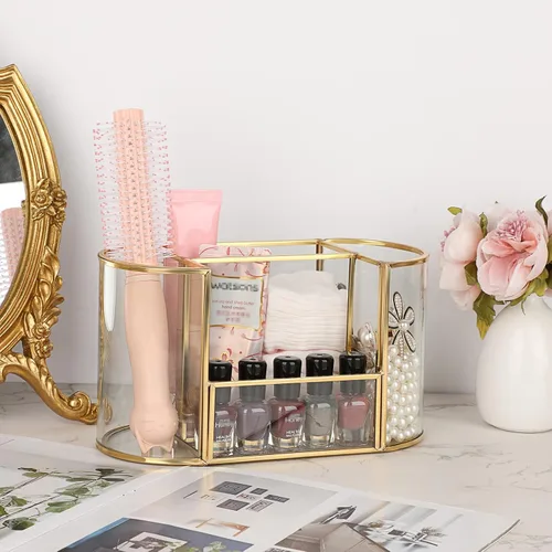 Miniatura 7 de Hipiwe Soporte para brochas de maquillaje dorado, 4 ranuras, organizador de brochas de cosméticos de vidrio, soporte para control remoto, soporte