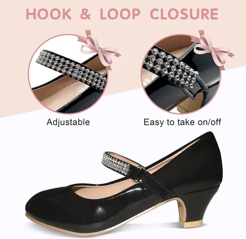 Miniatura 5 de BESSIVIC Zapatos de vestir para niñas, zapatos Mary Jane para niñas con tacón bajo, zapatos planos de ballet de flores de princesa para bodas