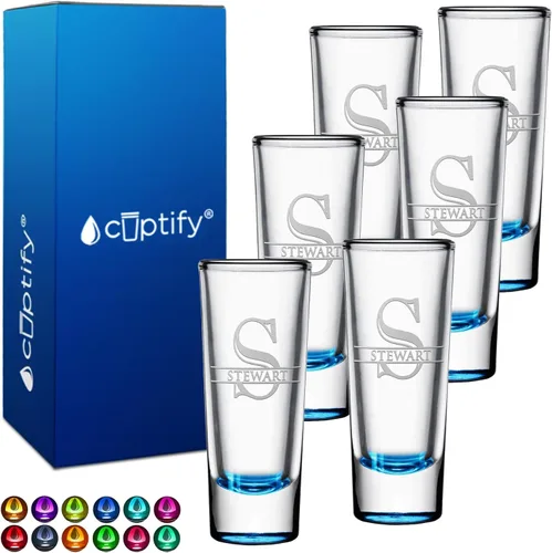 Miniatura 67 de Vaso de chupito personalizado con fondo verde azulado personalizado de 2 oz, vasos de chupito cordial con inicial en script dividido y nombre