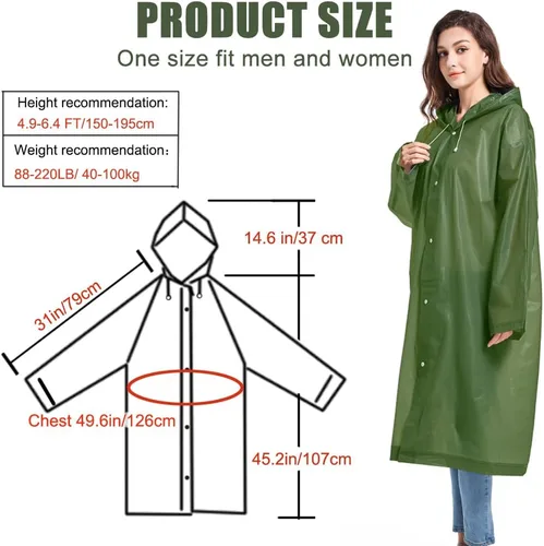 Miniatura 26 de Abrigos de lluvia (paquete de 2) – Ponchos de lluvia reutilizables de EVA para adultos, chaquetas impermeables para hombres y mujeres