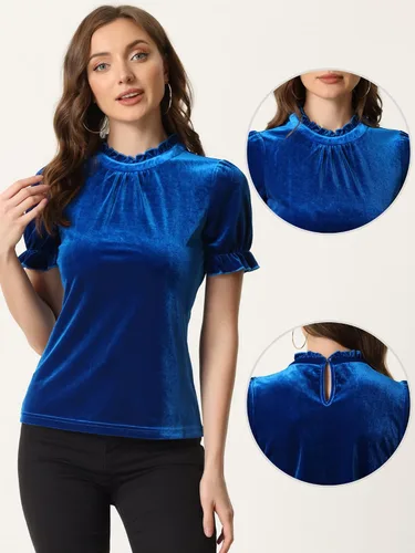 Miniatura 2 de Allegra K Camisa navideña con cuello de volantes para mujer, blusa de terciopelo de manga corta