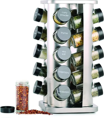 Orii Estante de especias para 20 tarros con especias incluidas, organizador giratorio de torre para especias y condimentos de cocina (acero Acero