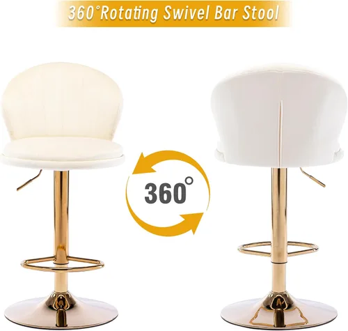Miniatura 6 de Juego de 2 taburetes de bar, taburete de bar de terciopelo, taburete de bar giratorio de 360° ajustable con base de metal, respaldo alto