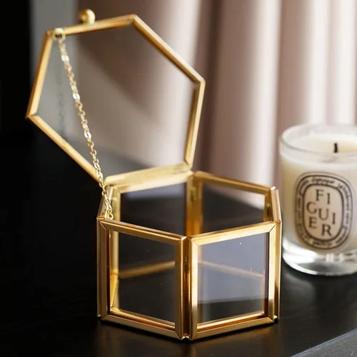 Joyero de cristal vintage, caja de cristal hexagonal dorada, caja de recuerdo para almacenamiento de anillos, aretes, baratijas, organizador de