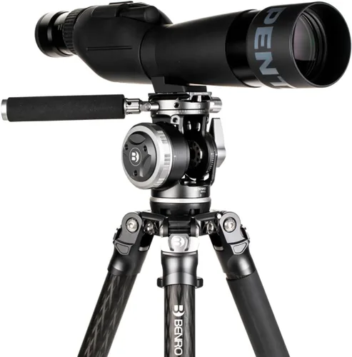 Miniatura 5 de Benro Mammoth - Trípode de fibra de carbono de 4 secciones con cabezal fluido WH15 Wildlife de 2 vías, cuenco resistente de 2.953 in, contrapeso