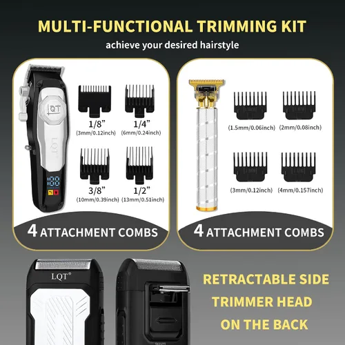 Miniatura 3 de Juego de cortapelos y recortadora de barba profesional inalámbrica para hombres, pantalla LED y batería de larga duración, palanca ajustable