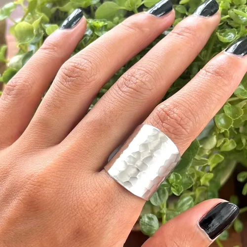 Miniatura 6 de Hammered Sterling Silver Handmade Classic Wide Band Boho Statement Ring, Shiny Finish Wrap Band Adjustable to Sizes 6-12, Also as Thumb Ring, Gift