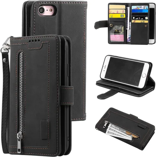Miniatura 8 de UEEBAI Funda tipo cartera para iPhone SE 2022 5G/iPhone 7/iPhone 8/iPhone SE 2020, retro con 9 ranuras para tarjetas, bolsillo con cremallera, funda