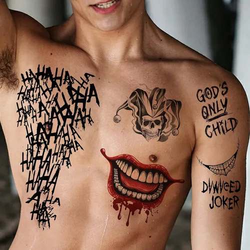Miniatura 4 de COKTAK 6 hojas de tatuajes temporales de Joker para hombres, mujeres y niños, kit de maquillaje de Halloween, disfraz de cosplay, tatuajes faciales