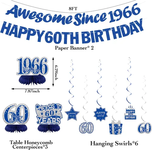 Miniatura 2 de Crenics Decoraciones azules de 60 cumpleaños para hombres o mujeres – Cartel de feliz cumpleaños 60, pancarta impresionante desde 1966, centros