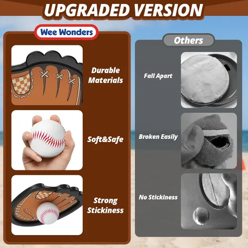 Miniatura 6 de Wee Wonders Juego de pelotas para lanzar y atrapar, guantes de béisbol para niños pequeños que incluye 2 paletas y 3 bolas adhesivas, juego de Marrón