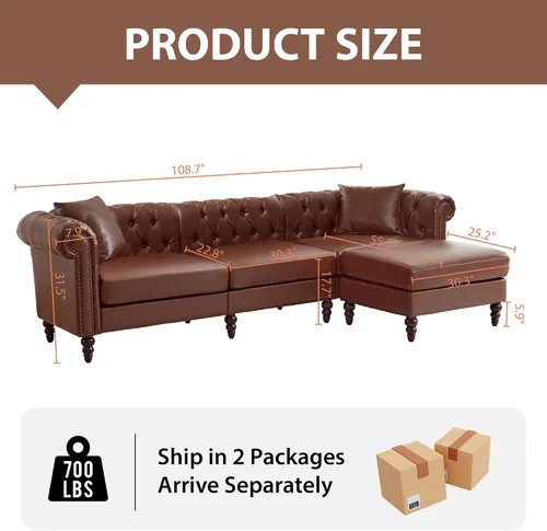 Miniatura 2 de LEVNARY Sofá seccional Chesterfield en forma de L de 108 pulgadas con otomana móvil, sofá de 4 asientos con brazos curvos, tapizado en piel