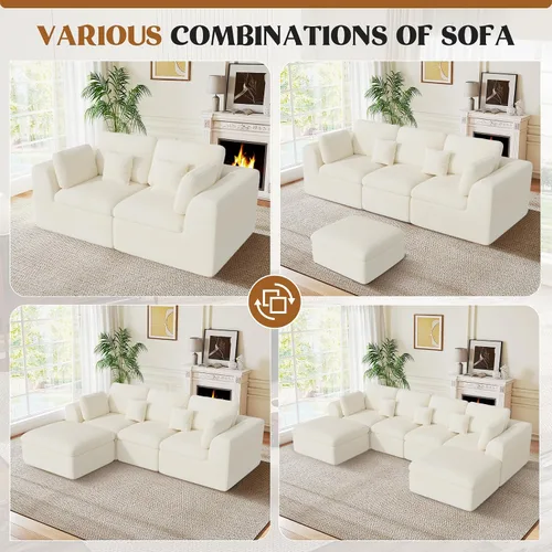 Miniatura 7 de Luxanimarion Sofá modular sin hueso de 115 pulgadas, asiento profundo en forma de L con otomana, sofá modular convertible de 4 plazas tapizado