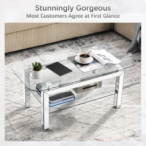 Miniatura 3 de Mesa auxiliar rectangular con parte superior de vidrio con patas de espejo plateadas para sala de estar, moderna y glamorosa mesa de vidrio templado