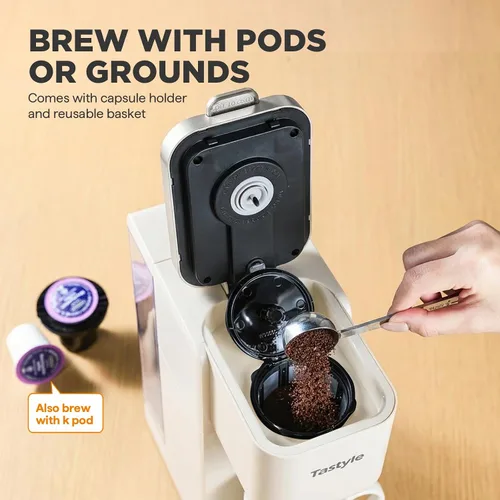 Miniatura 4 de Tastyle Cafetera de Una Sola Porción, Máquina de Café Helado y Caliente para Cápsulas K y Café Molido, Diseño Compacto, Depósito de Agua Extraíble