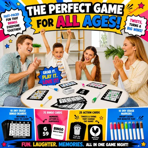 Miniatura 9 de Juego de Fiesta Bingo con un Giro, Bingo con Cartas de Acción, Giro Divertido, Cartas de Acción con Bloquear, Intercambiar y Robar, No Más Pelotas