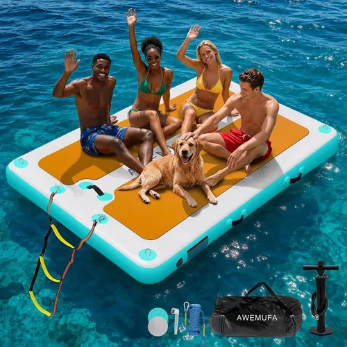 Miniatura 9 de AWEMUFA Muelle flotante inflable con rampa de 5 pies/6 pies/8 pies/10 pies, plataforma flotante flotante, tapete flotante de isla flotante, flotador