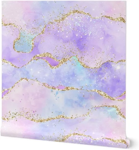 Spoonflower Papel tapiz para despegar y pegar, acuarela pastel, lila, morado, lavanda, azul, púrpura, nubes, cielo, papel tapiz extraíble