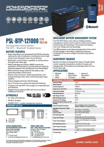 Miniatura 5 de Power Sonic PSL-BTP-121000; 12.8V 100AH Bluetooth, negro