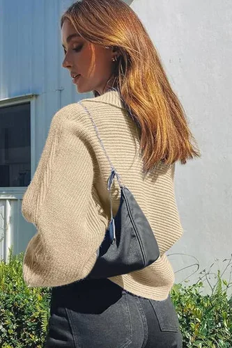 Miniatura 2 de CHYRII - Suéter de punto tipo polo con manga larga abombada y cuello en V para mujer, extra grande
