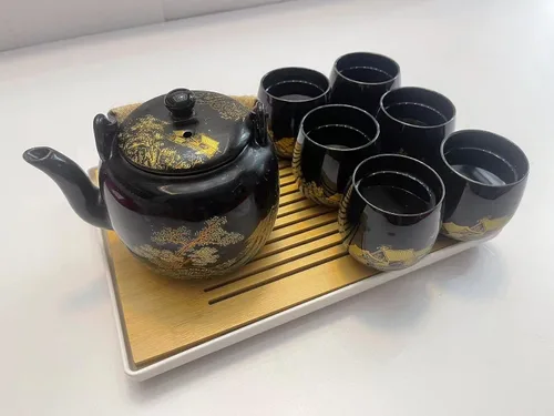 Miniatura 4 de Juego de té japonés, juego de té esmaltado negro en caja de regalo con 1 tetera, 1 colador de té, 1 bandeja de té y 6 tazas de té. Juego de té ideal