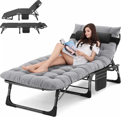 Miniatura 22 de ABORON Silla de bronceado resistente, silla de descanso plegable de 5 posiciones para exteriores con almohadilla, silla de playa portátil para tomar