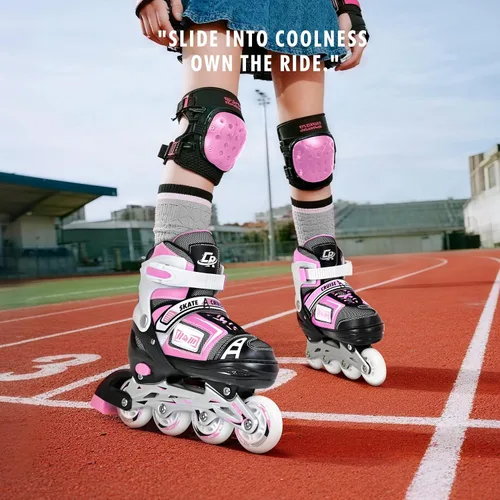Miniatura 5 de Patines en línea ajustables para niños, adolescentes y adultos - Rodamientos ABEC-7, ruedas de poliuretano, ajuste cómodo, para patinaje en Rosado