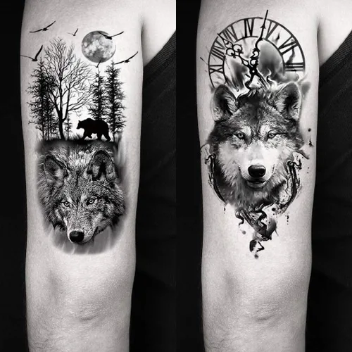 Miniatura 7 de 8 hojas lobo taichi tótem cráneo luna bosque flor brazo pierna tatuaje temporal XQB-07