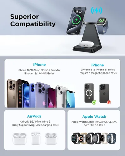 Miniatura 2 de Estación de carga para múltiples dispositivos Apple: Woruda 3 en 1 Soporte de cargador inalámbrico magnético para iPhone Mag Safe - Base de carga